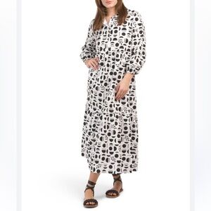 NWT Rachel Zoe Collared Tiered Maxi Dress Black White Geo Pockets Women’s 3X